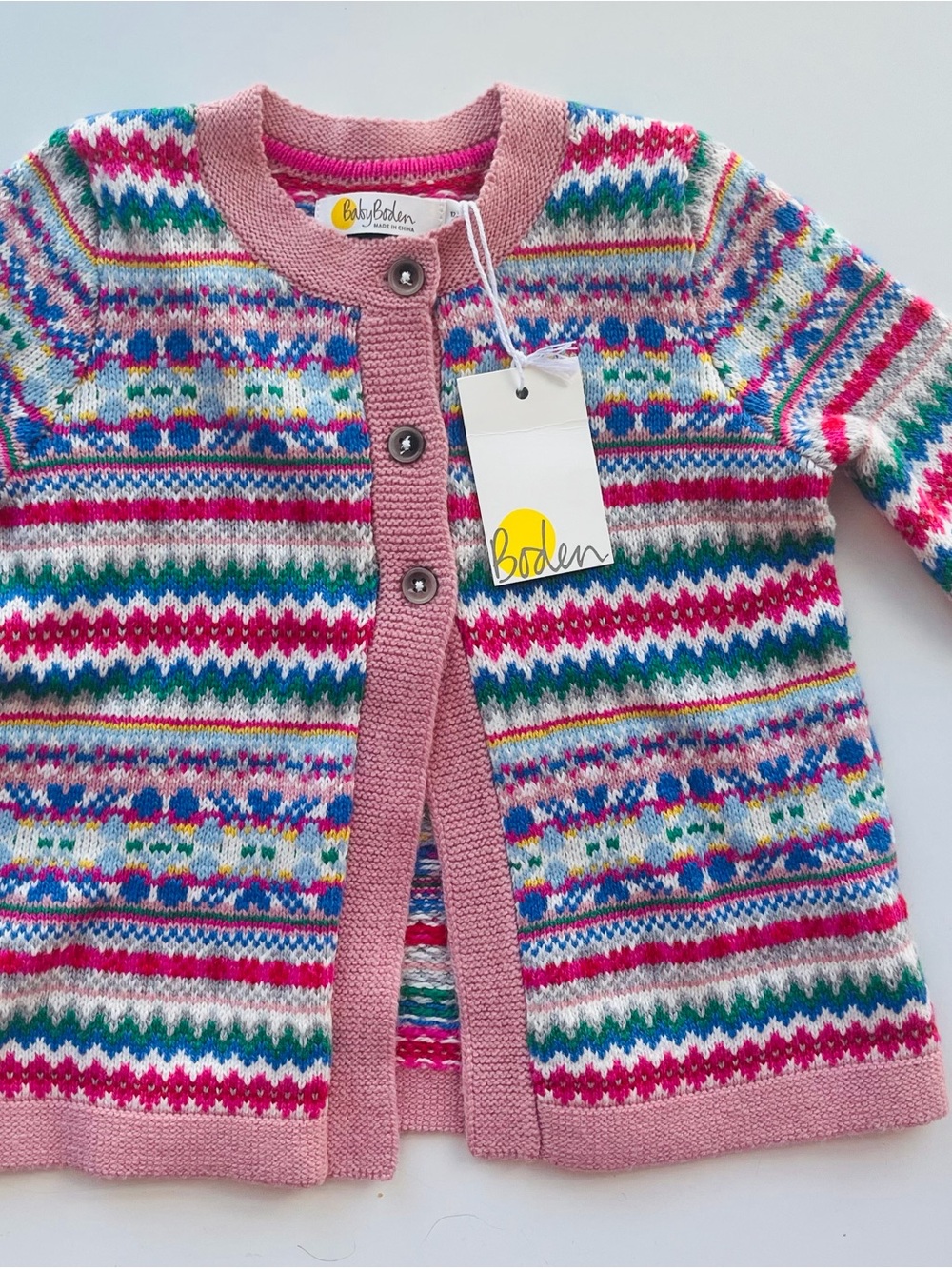 Baby Boden Pink Multi Fair Isle Knit Cardigan with Bright Stripes